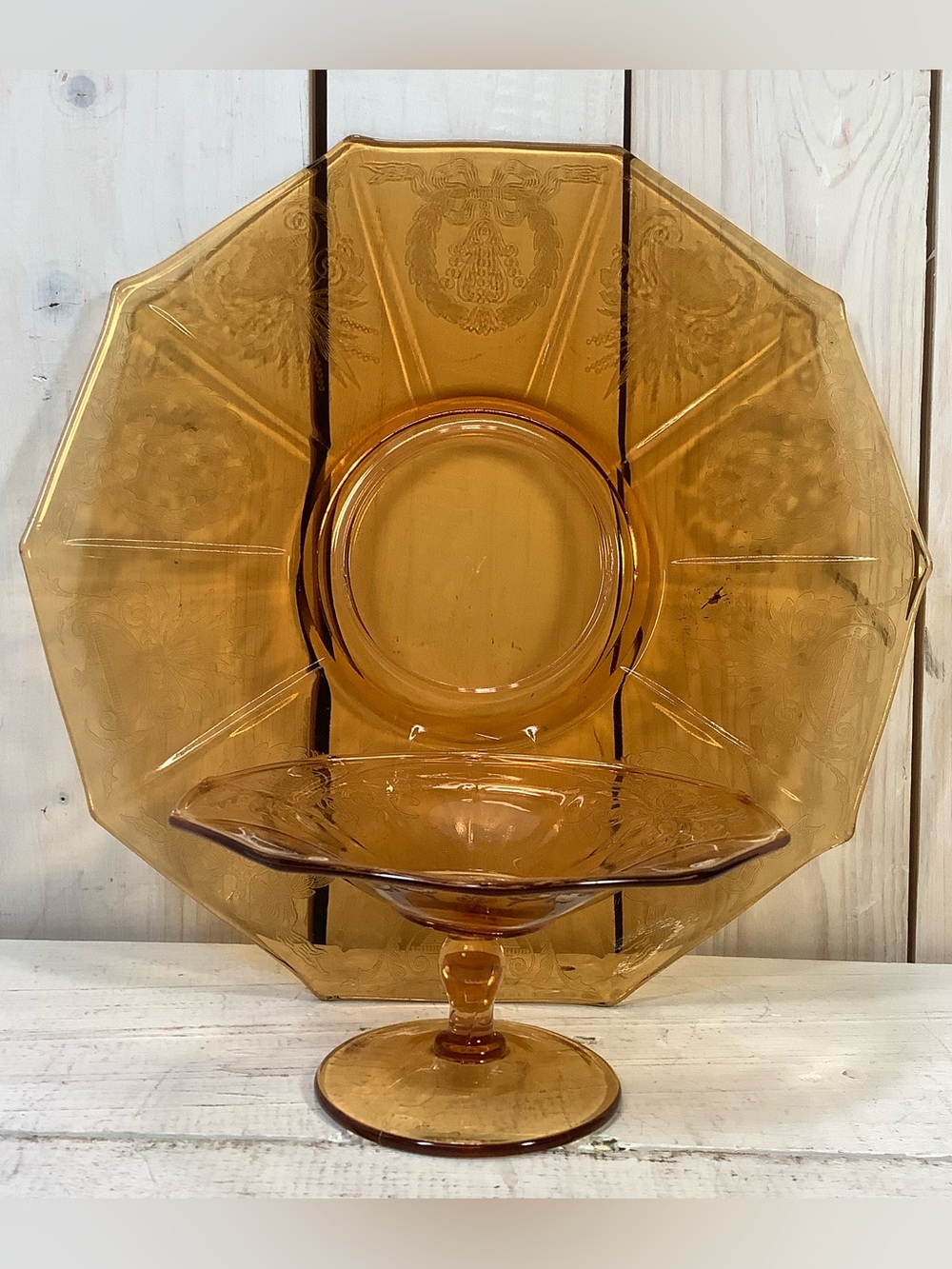 Pair Vintage Cambridge Depression Amber Glass Plate/Platter & Pedestal Compote